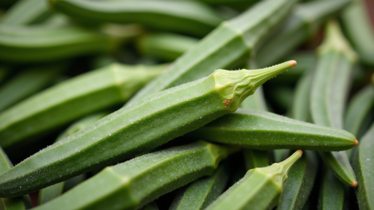 Close-up, professional photography of 'quiabo fresco', vibrant green okra at a Brazilian farmers Quiabo fresco verde vibrante em mercado brasileiro.