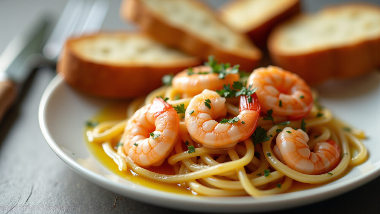 Close-up, professional photography of shrimp scampi with garlic and olive oil, served with toasted Camarão ao alho e óleo servido com pão italiano torrado.