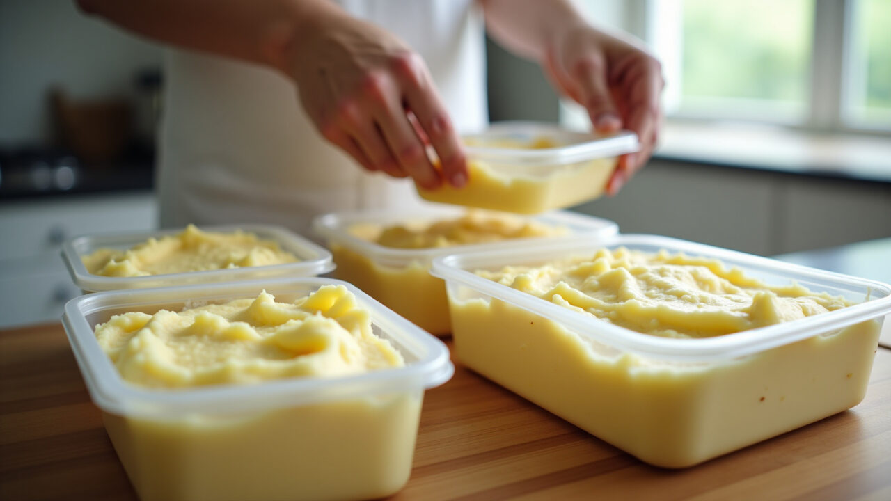 Close-up shot, creamy mashed potatoes being portioned into freezer-safe containers in a bright, Porcionando purê de batata para congelar.