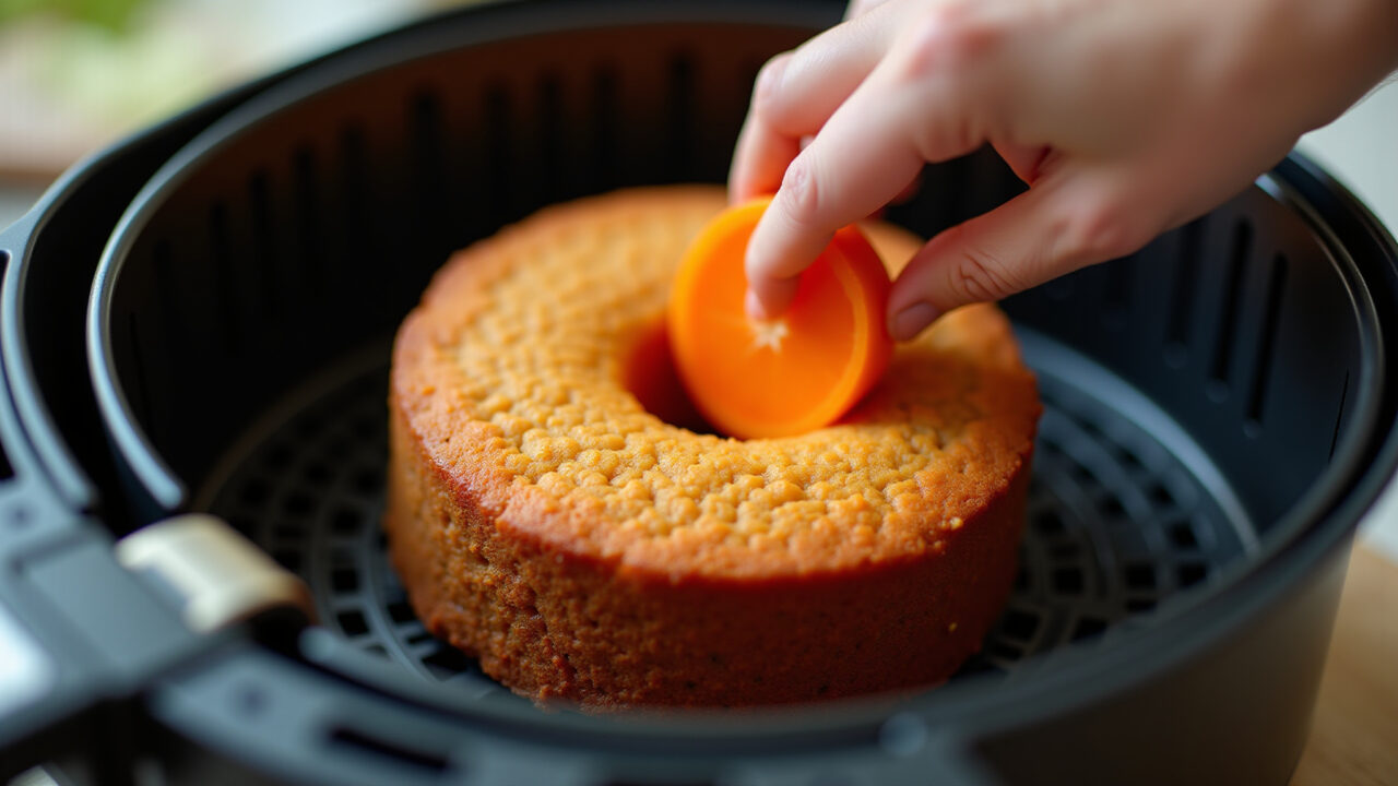 Close-up shot of a carrot cake being carefully placed into an air fryer, natural lighting, 8k, Bolo de cenoura para bebê sendo colocado na airfryer.