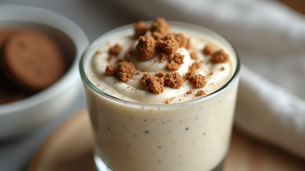 Close-up shot of a creamy whey protein mousse with cookie crumbles, served in a glass bowl, natural Mousse cremosa de whey de cookies