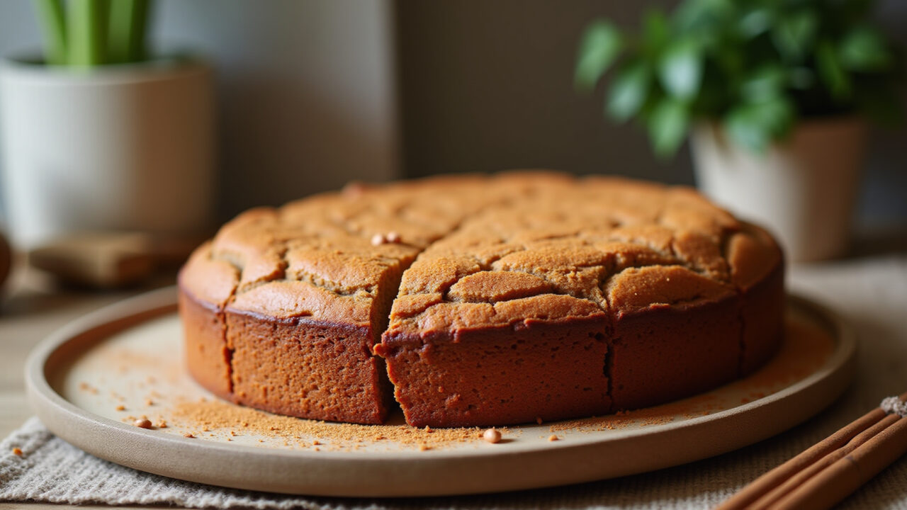 Close-up shot of a freshly baked carrot and oat cake, golden brown, sprinkled with cinnamon, rustic Bolo de cenoura com aveia apetitoso.