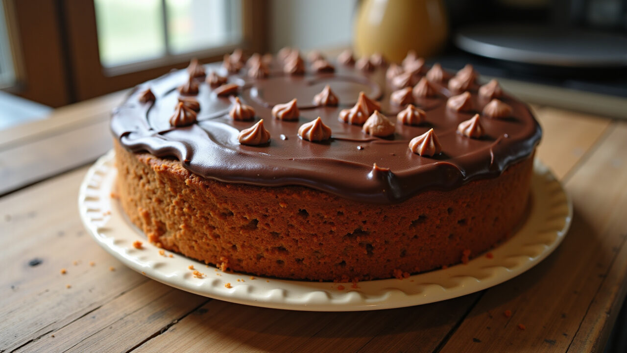 Close-up shot of a freshly baked carrot cake with chocolate frosting, rustic kitchen setting, Bolo de cenoura com cobertura de chocolate, receita simples.
