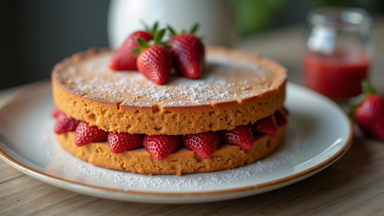 Close-up shot of a rustic cake with simple homemade strawberry filling, natural light, 8K quality, Bolo caseiro com recheio de morango simples e apetitoso.