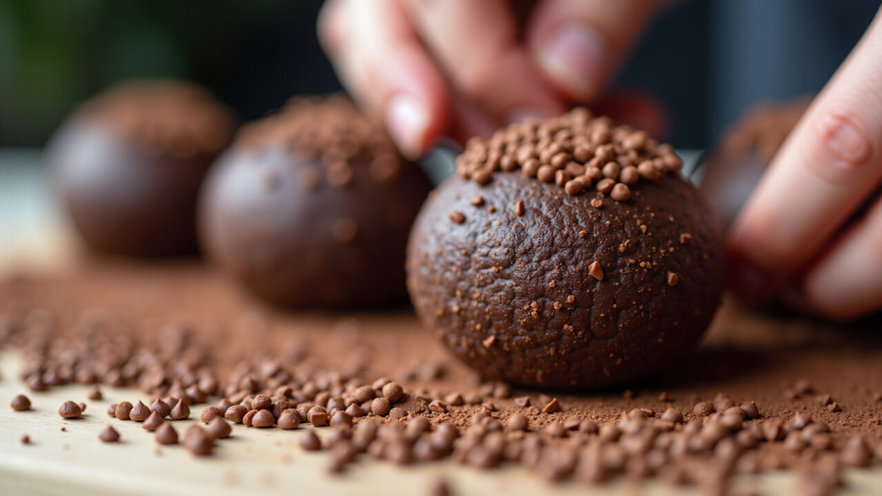 Close-up shot of brigadeiro de leite em pó being rolled in chocolate sprinkles, professional Brigadeiro de leite em pó sendo enrolado em granulado.