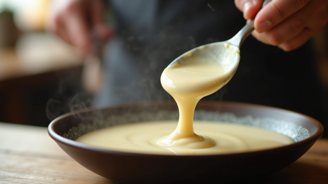 Close-up shot of creamy white sauce being prepared in a rustic Brazilian kitchen, natural lighting, Preparo de molho branco cremoso em cozinha rústica.