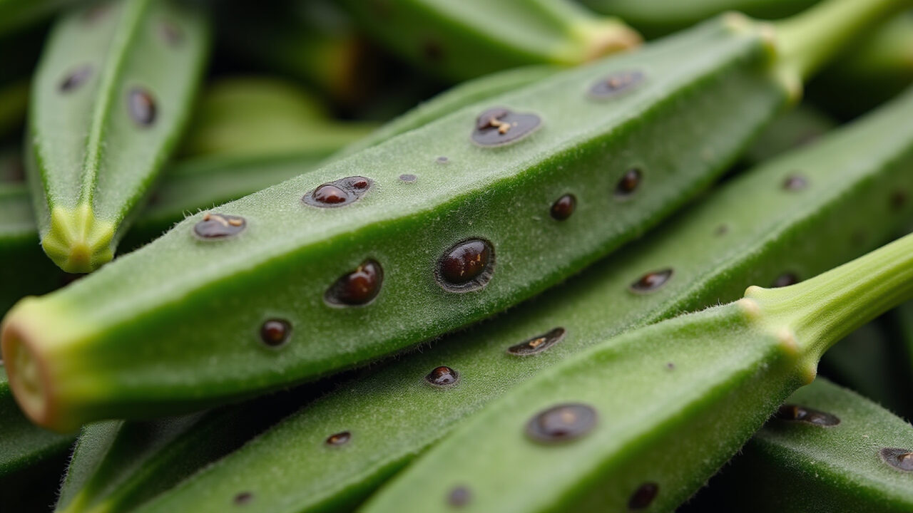 Close-up shot of okra with dark spots, contrasting with fresh okra, professional photography, 8K Quiabo com manchas escuras: sinal de deterioração