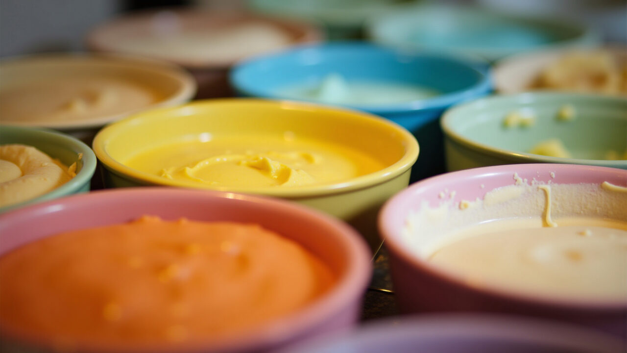 Close-up shot of various cake batters in colorful bowls, ready for baking, professional Massas de bolo coloridas prontas para assar.