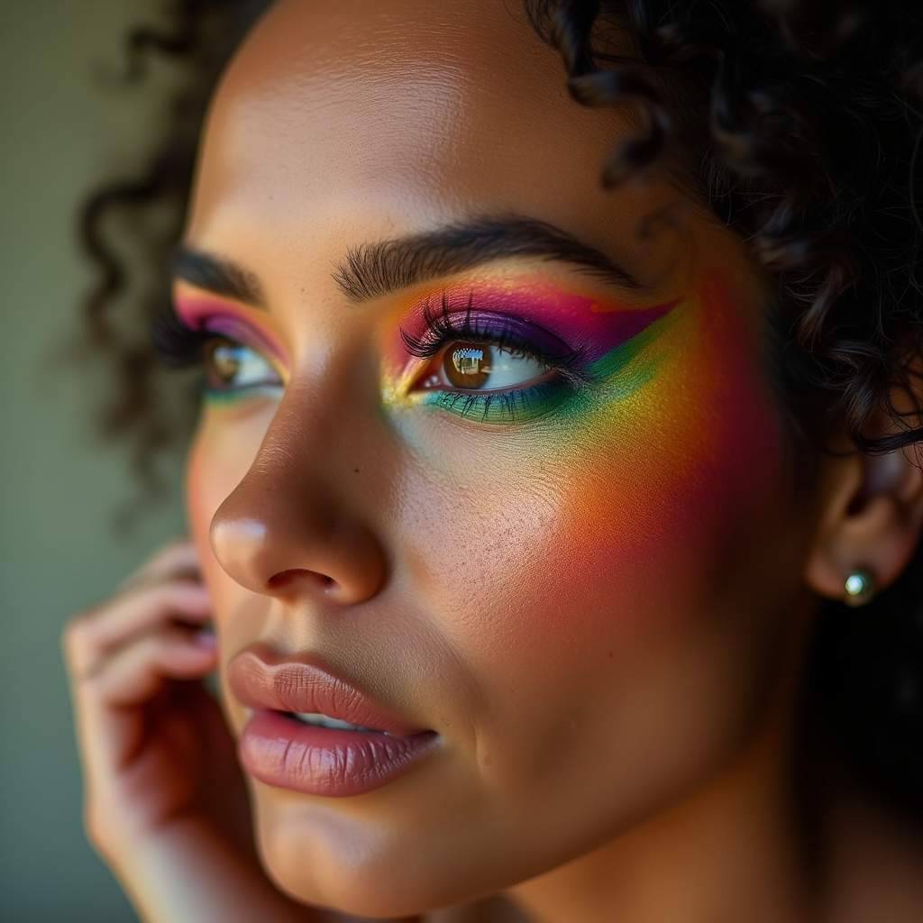 Close-up shot, professional photography, 8K quality, sharp focus, hyper-realistic of a Brazilian Mulher brasileira aplicando maquiagem colorida.