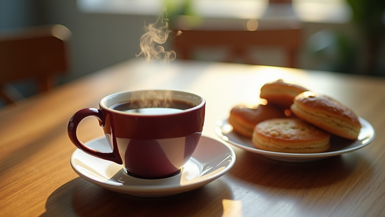 Close-up, steaming cup of black tea, Brazilian pastries on a wooden table, morning light, Xícara fumegante de chá preto com quitutes brasileiros.
