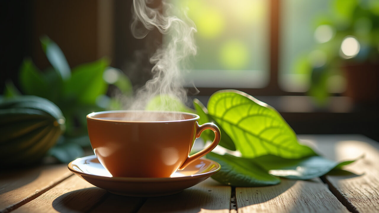 Close-up, steaming cup of graviola leaf tea, natural light, rustic wooden table, Brazilian herbs, Xícara fumegante de chá de folha de graviola.