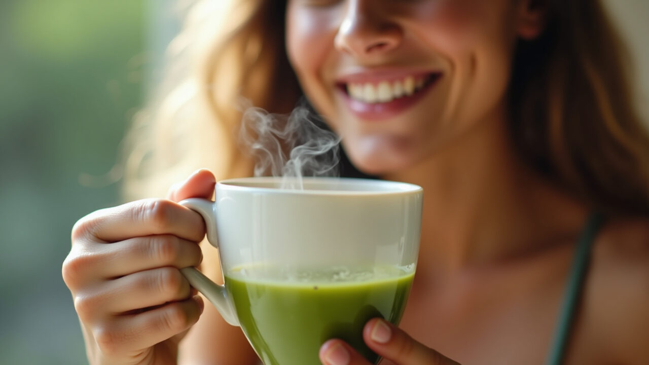 Close-up, steaming cup of green tea, natural light, Brazilian woman smiling, healthy lifestyle, 8k Xícara fumegante de chá verde para emagrecimento.