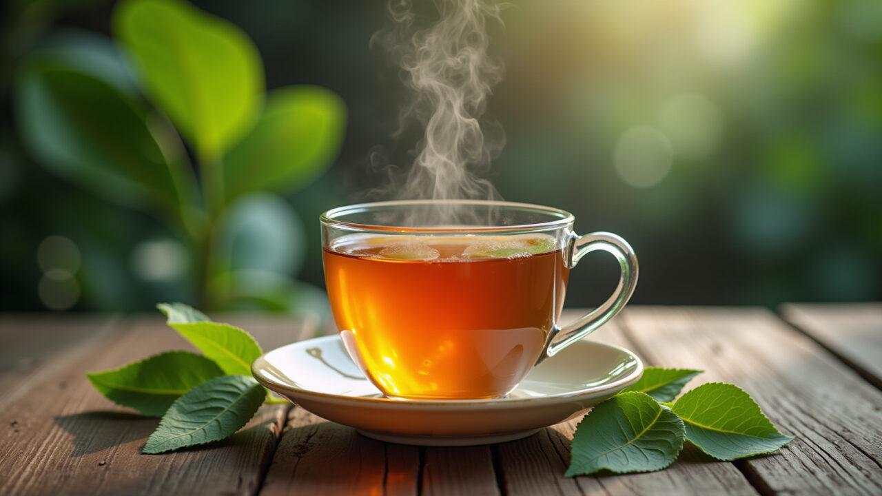 Close-up, steaming cup of guava leaf tea, natural light, rustic wooden table, guava leaves Xícara fumegante de chá de folha de goiaba.