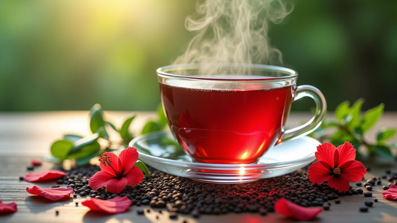 Close-up, steaming cup of horsetail and hibiscus tea, natural light, vibrant colors, herbal Xícara fumegante de chá de cavalinha com hibisco.