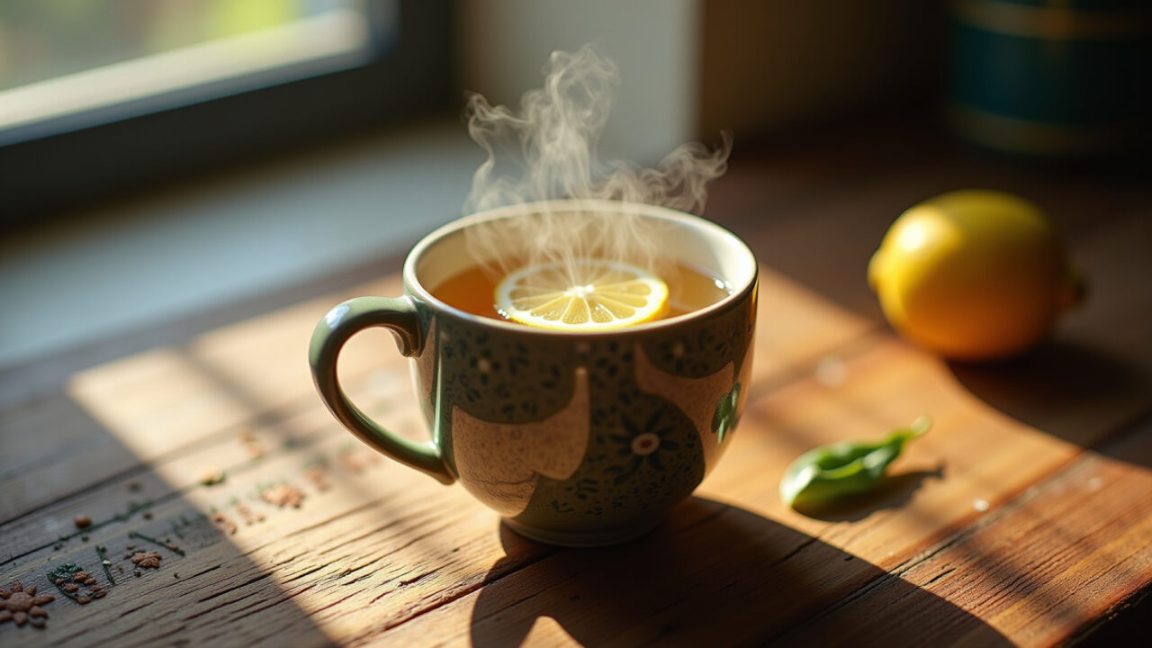 Close-up, steaming mug of lemon leaf tea, natural light, rustic wooden table, Brazilian embroidery Xícara fumegante de chá de folha de limão