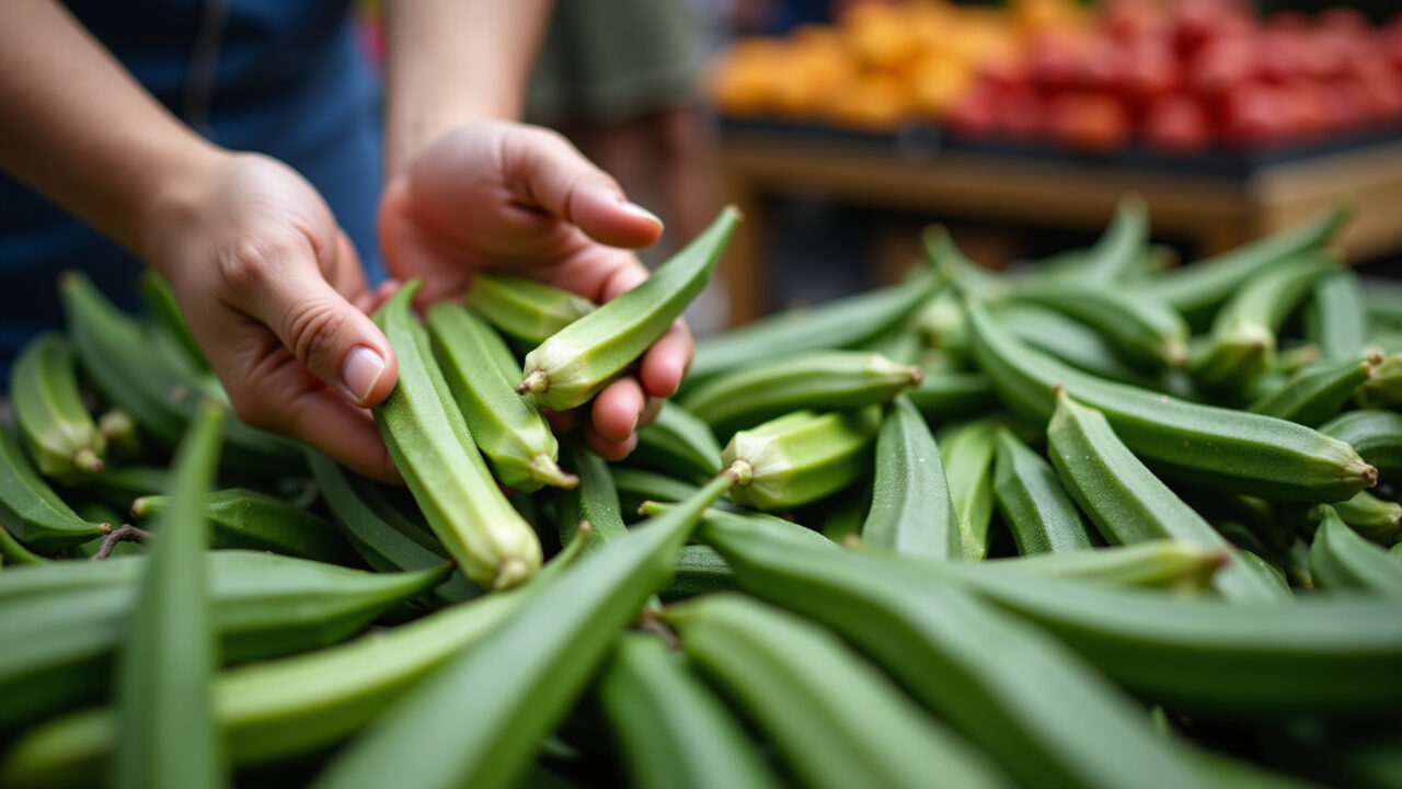 Close-up, vibrant green okra being selected at a local Brazilian market, professional photography, Seleção de quiabo fresco e vibrante no mercado.