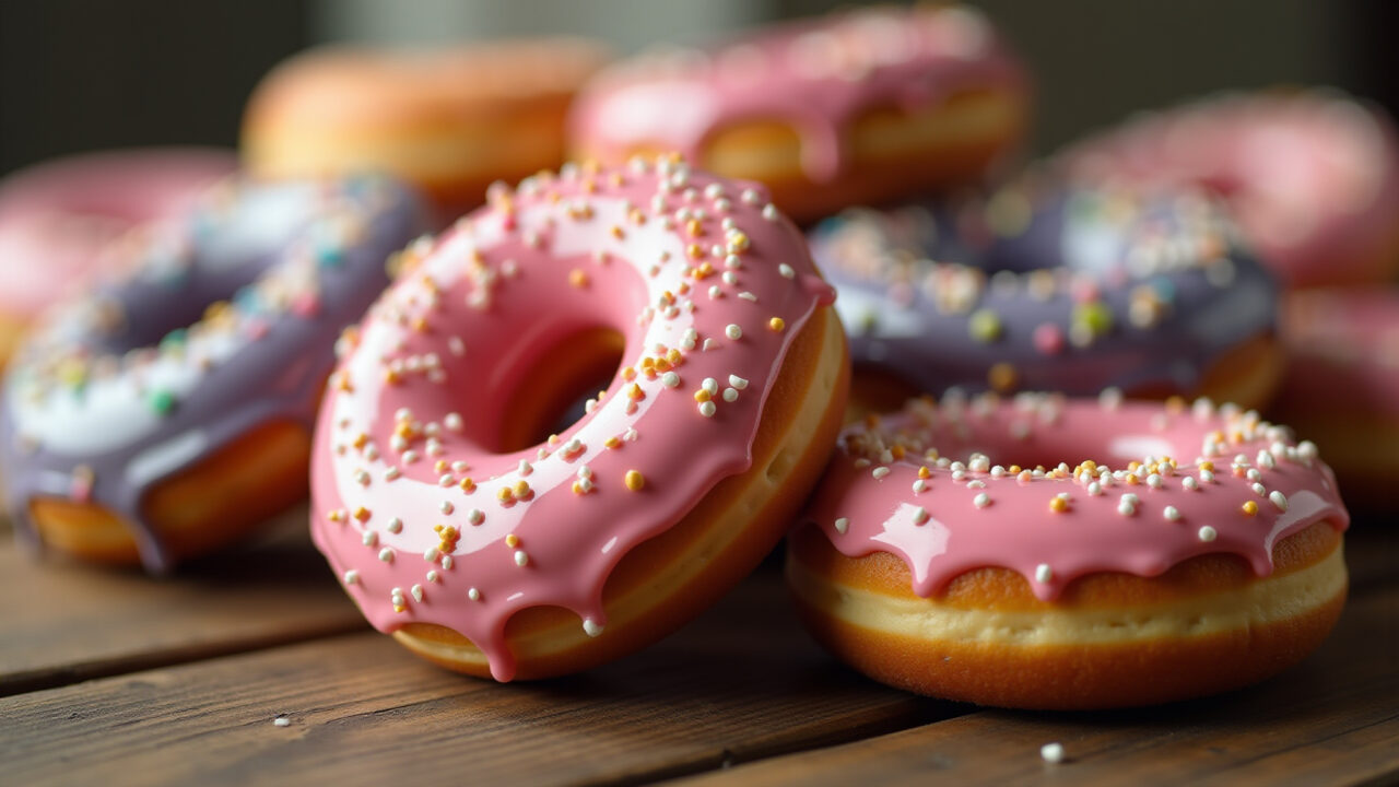 Close-up, vibrant homemade donuts, glazed, sprinkles, rustic wooden table, natural light, 8K, Donuts caseiros com cobertura e granulado.