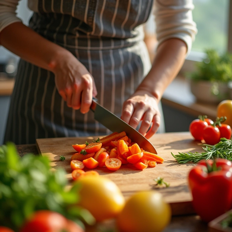 Close-up, woman preparing frango xadrez light, chopping colorful vegetables, bright kitchen, Mulher preparando frango xadrez light em casa.