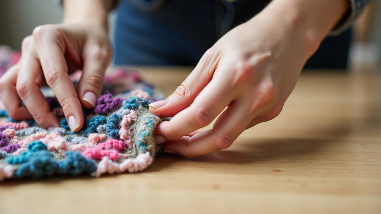 Close-up, woman's hands knotting colorful fabric scraps on jute base, creating a textured, vibrant Mãos criando tapete de retalhos sem costura.