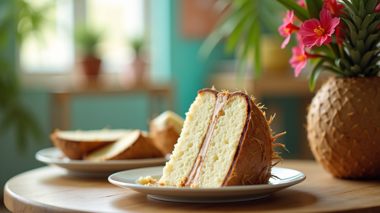 Coconut cake slice, tropical party decor, natural light, 8K quality, sharp focus, commercial Fatia de bolo de coco para festa infantil.