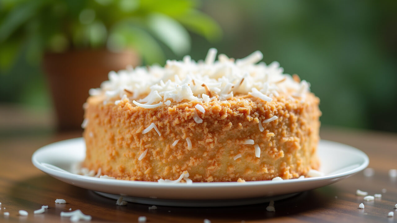 Coconut cake with shredded coconut topping, professional photography, 8k quality, sharp focus, Bolo de coco com cobertura de coco ralado.