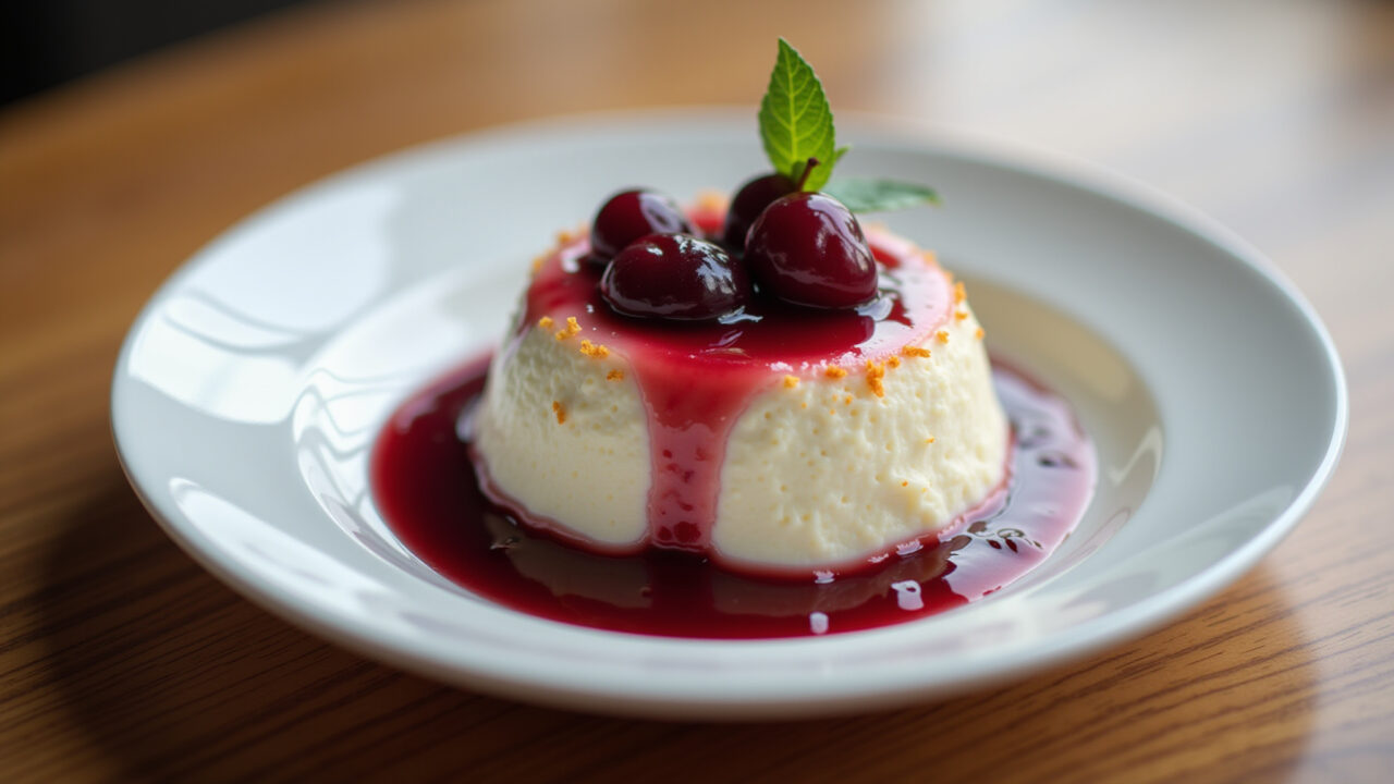 Coconut pudding, plum sauce, professional photography, 8K, sharp focus, natural lighting, studio Manjar de coco com leite condensado e calda de ameixa.