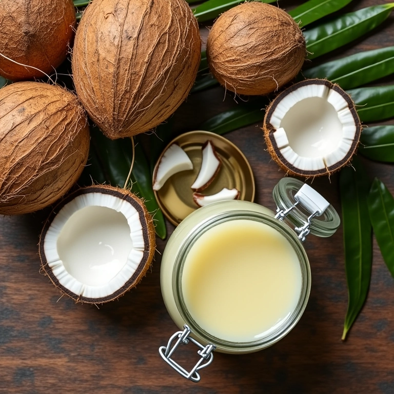 Cocos frescos e óleo de coco caseiro em mesa de madeira.