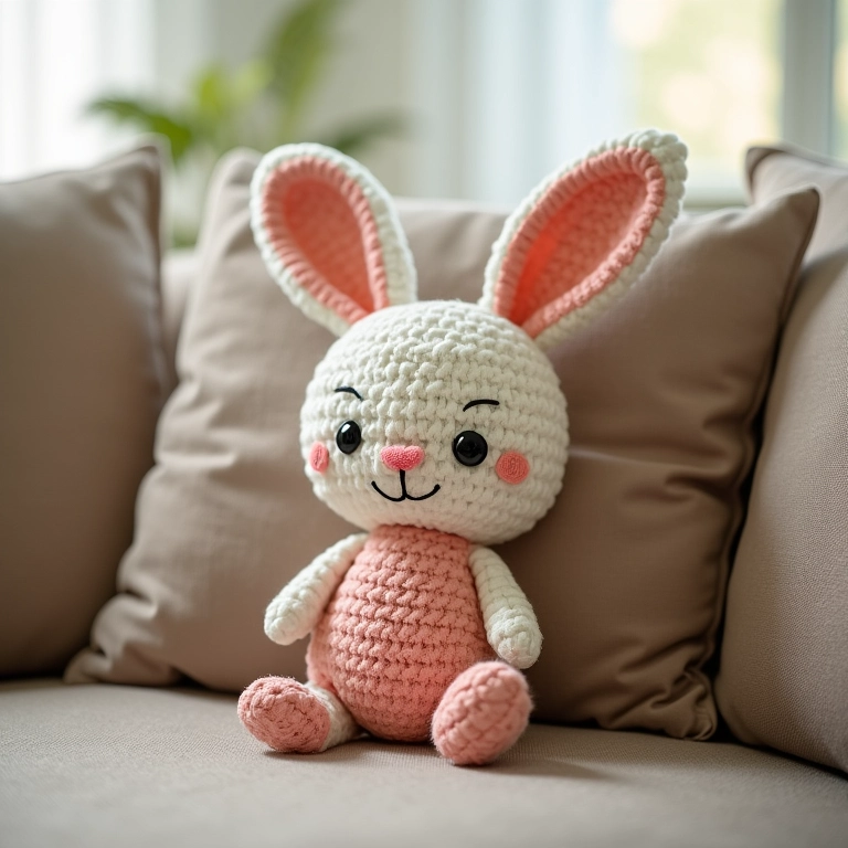 Coelho amigurumi como almofada decorativa.