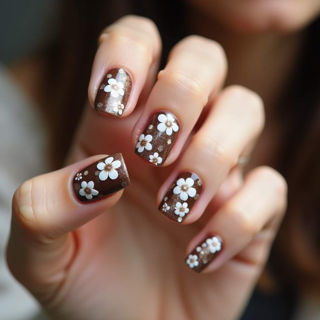 Coffee floral nail art on woman's hand, brown and white flowers, romantic style, professional Unha café com flores românticas.