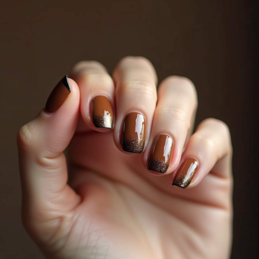 Coffee french tip nail art on woman's hand, metallic brown, chic style, professional photography, Francesinha café repaginada.