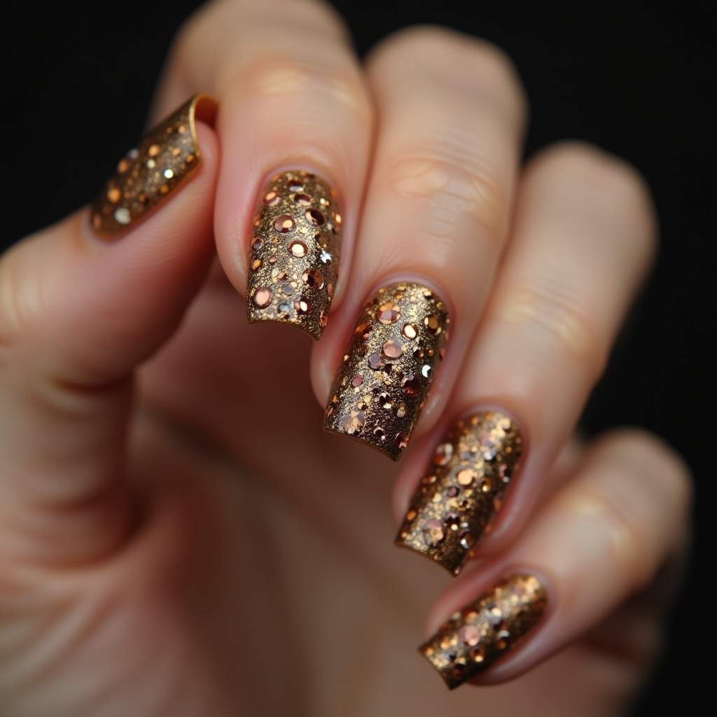 Coffee nail art with rhinestones on woman's hand, gold and bronze stones, glamorous style, Unha café com pedrarias.