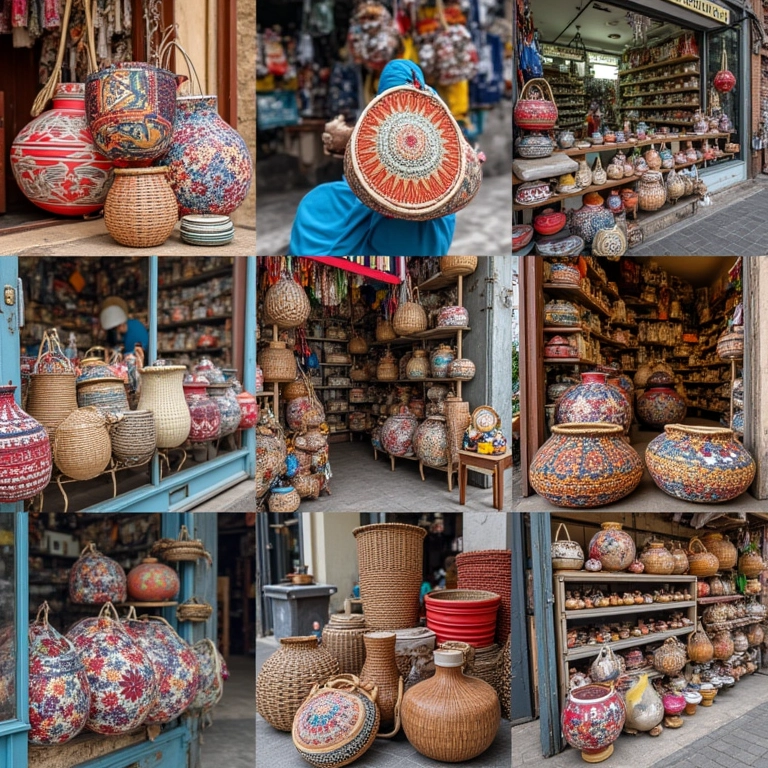 Colagem de artesãos brasileiros exibindo seus cestos de jornal em lojas.