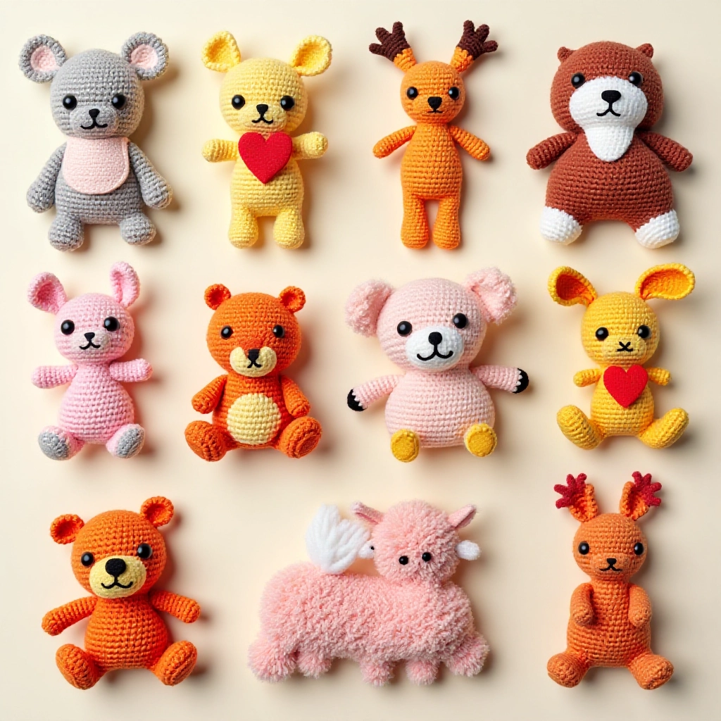 Colagem de diversos designs de amigurumi: animais, personagens, comida.