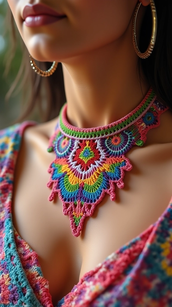Colar de crochê artesanal com design vibrante.