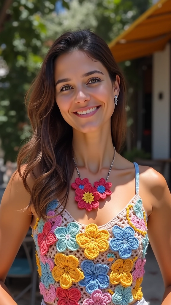Colar de crochê com delicadas flores coloridas.