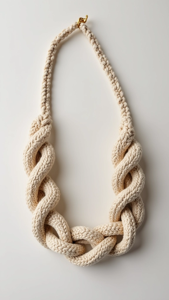 Colar de crochê com nós decorativos.