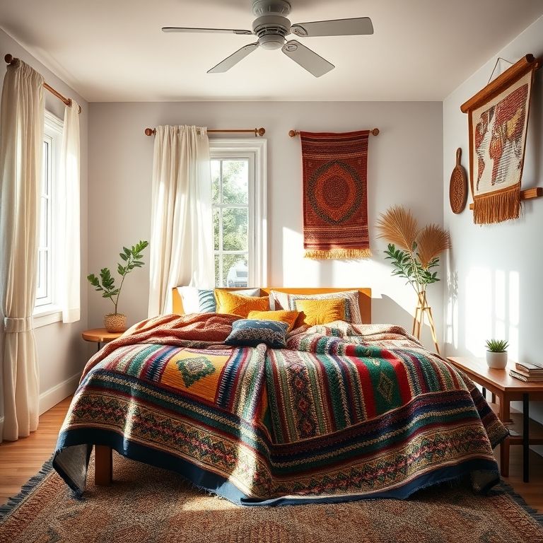 Colcha de fuxico artesanal colorida sobre cama em quarto iluminado.