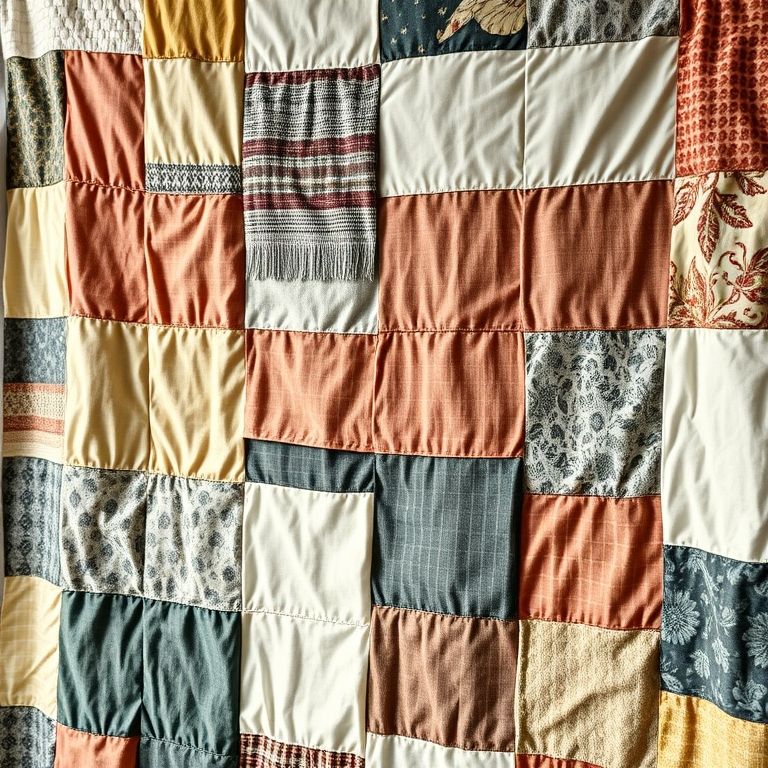 Colcha de patchwork pronta pendurada, detalhes dos tecidos.