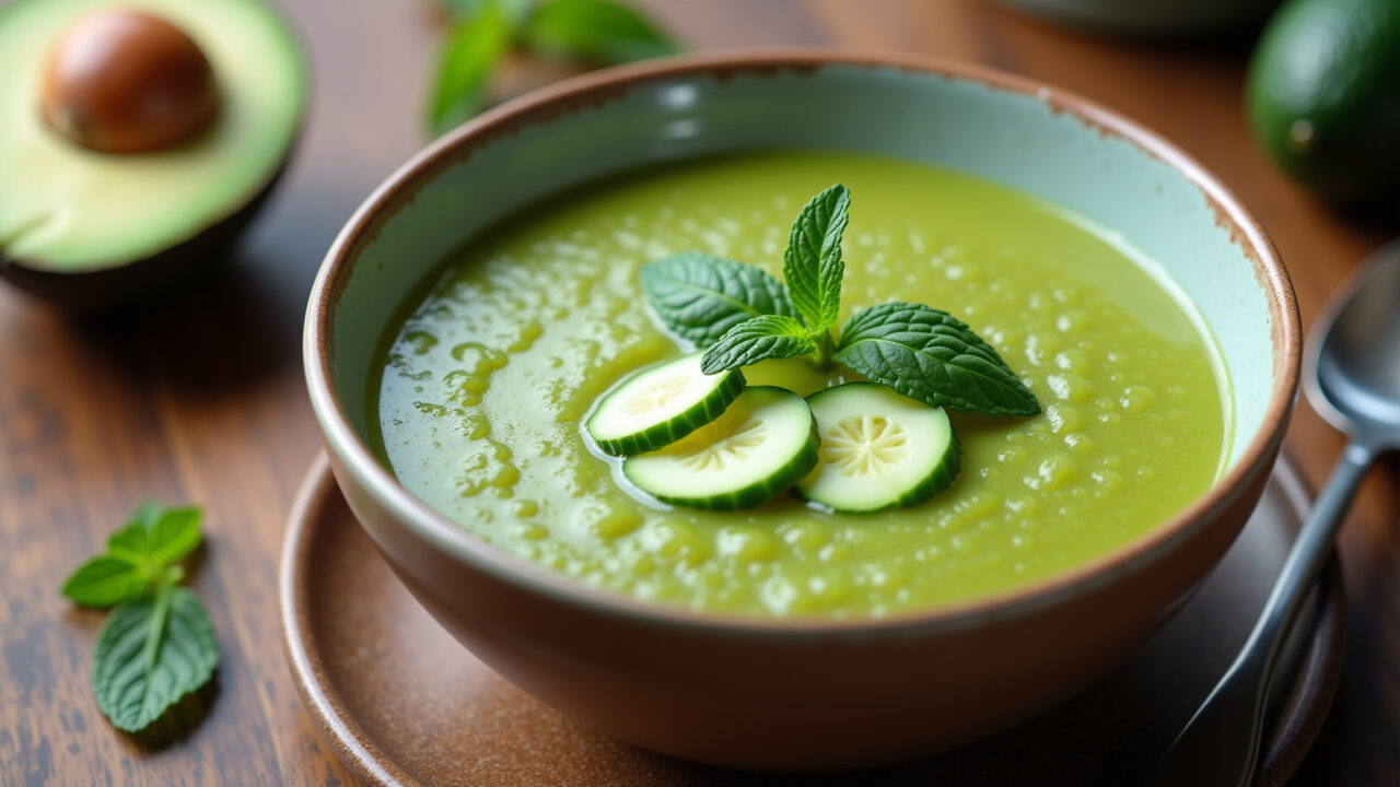 Cold avocado soup with cucumber and mint, professional photography, 8K, sharp focus, natural Sopa fria de abacate com pepino e hortelã.