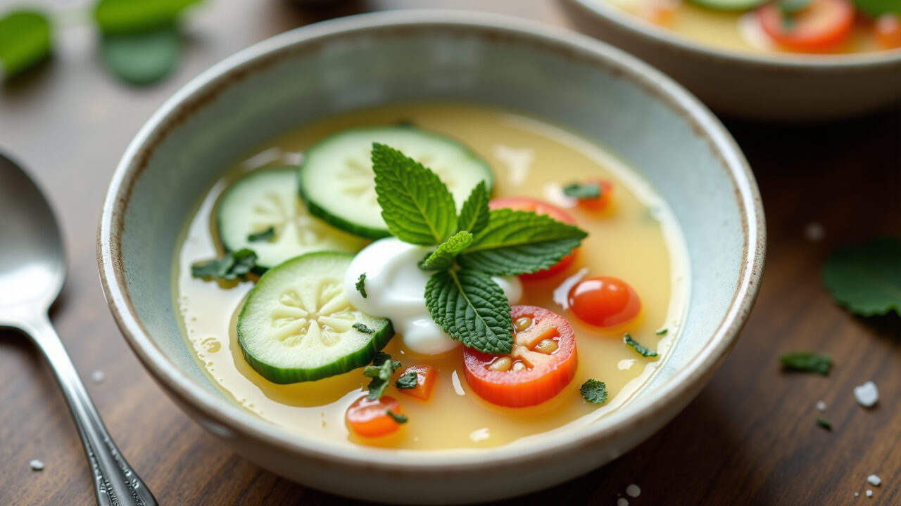Cold soup with natural yogurt, cucumber, mint, Brazilian summer. Natural lighting, 8K quality, Sopa fria refrescante com iogurte natural, pepino e hortelã.