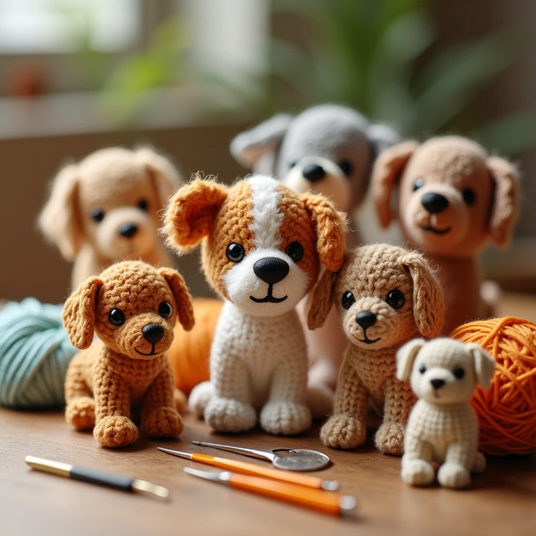 Coleção de cachorros amigurumi de crochê em mesa de artesanato.