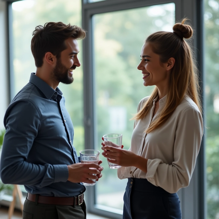 Colegas conversando durante pausa no trabalho.