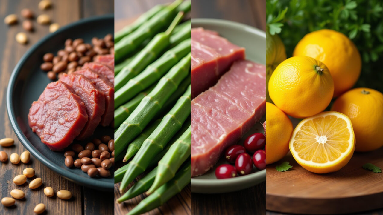 Collage protein sources: okra, citrus fruits, lean meat, beans, professional photography, 8K, sharp Colagem de alimentos que estimulam a produção de colágeno: quiabo, frutas cítricas, carne magra e feijão.