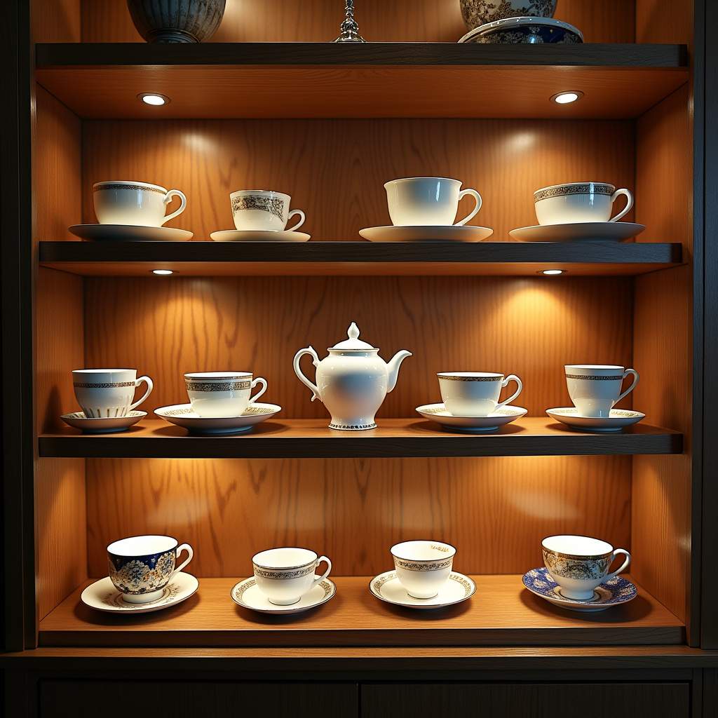 Collector's cups and saucers, illuminated shelves, rare pieces, special display, bright, lifestyle Coleção de xícaras e pires de colecionador em prateleiras iluminadas.