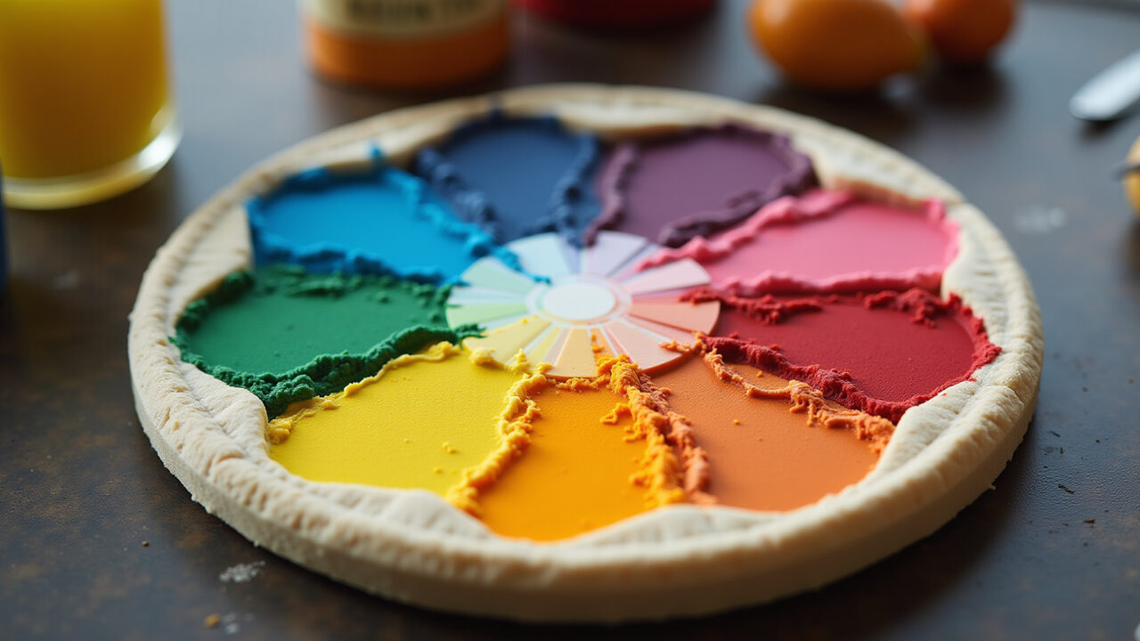 Color wheel with food coloring, professional photography, 8K quality, sharp focus, natural Tabela de cores para pasta americana.