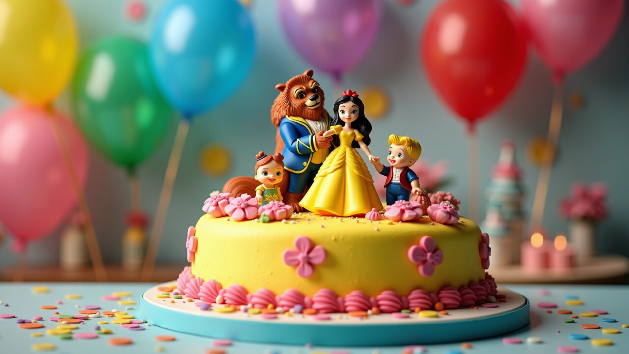 Bolo A Bela e a Fera infantil com cores vibrantes.