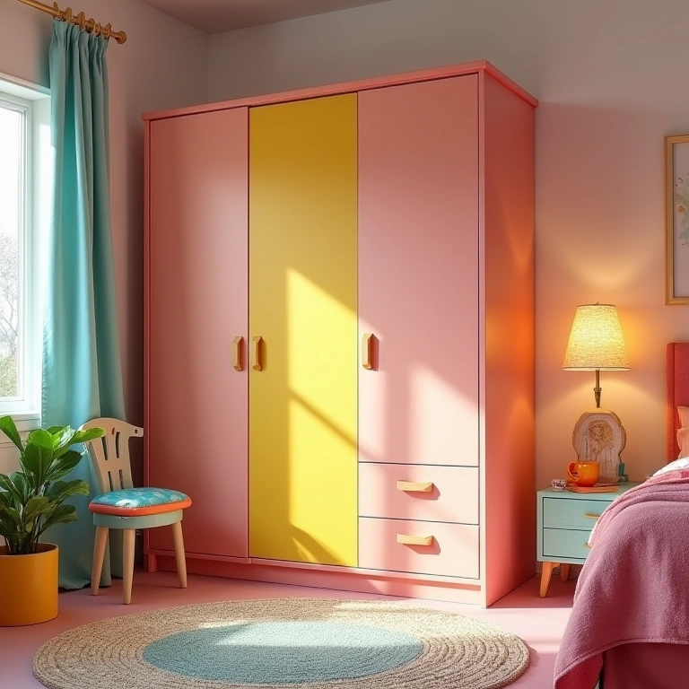 Colorful bedroom with vibrant MDF wardrobe, playful decor, cheerful atmosphere, commercial Quarto colorido com guarda-roupa MDF vibrante.