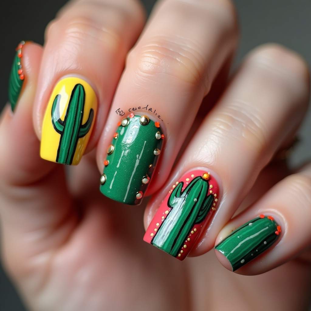 Colorful cactus nail art, vibrant colors, close-up, fun, professional photography, 8K quality, Unha decorada cactos colorida com esmaltes vibrantes.