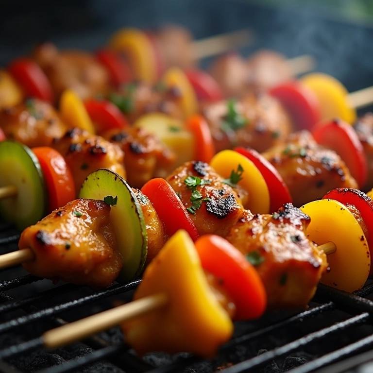 Colorful chicken and vegetable skewers on a grill, vibrant and healthy. Professional photography, Espetinho de frango com legumes coloridos, opção nutritiva.