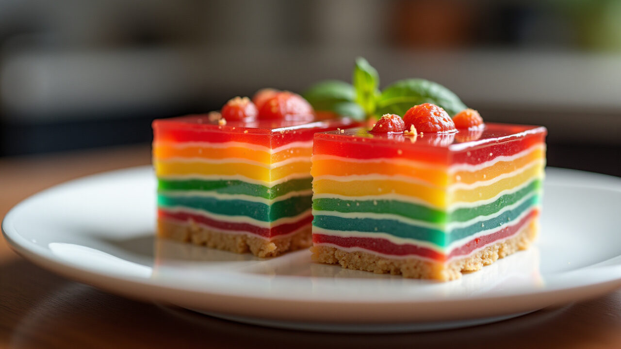 Colorful gelatin mosaic dessert, vibrant layers, Brazilian kitchen setting, professional Mosaico de gelatina colorido, sobremesa clássica brasileira.